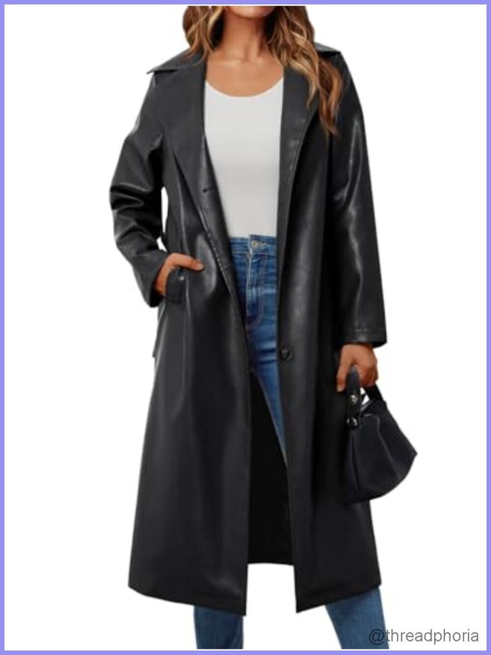 Faux Leather Long Trench Coat with Belt, Three Breasted